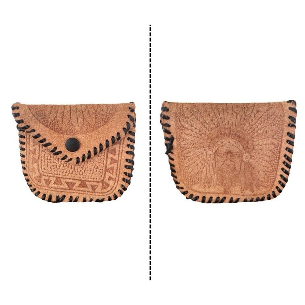 Tooled Leather Coin Purse‎ Case Native American Indian Chief Handmade Small